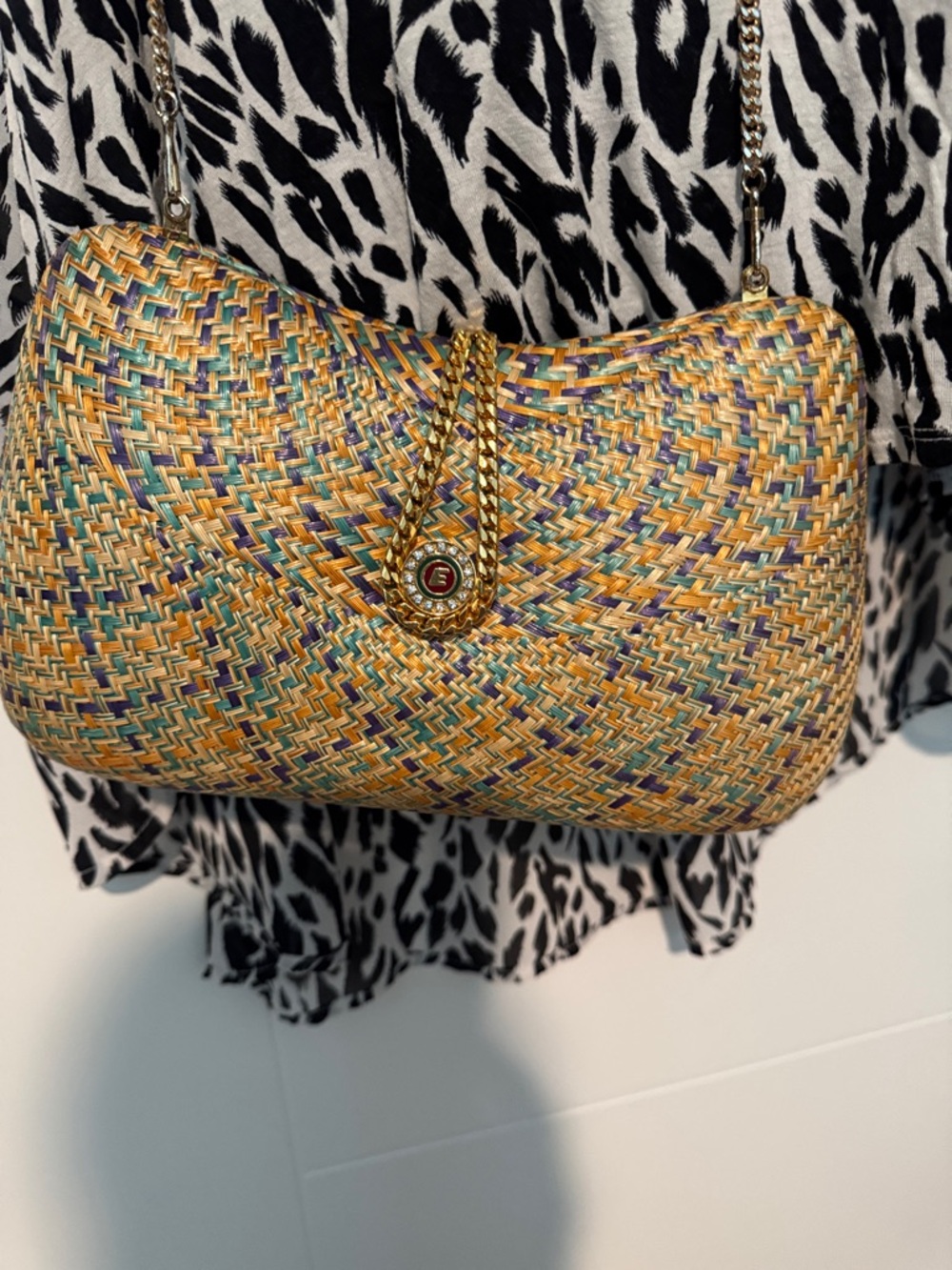 Kurt Geiger Multicolor Woven Shoulder Bag with Gold Chain Detail